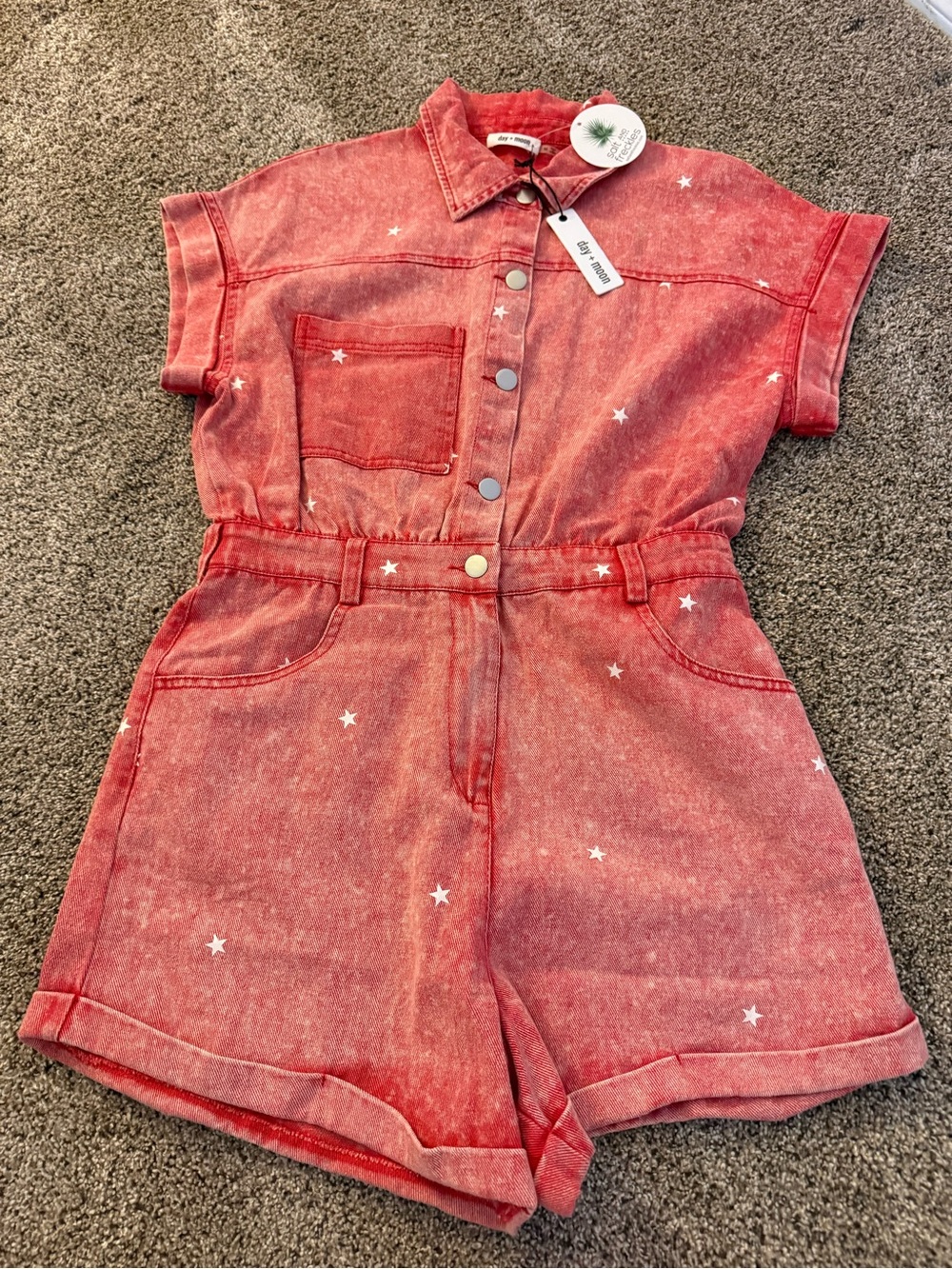 Women’s New Day & Moon Red Star Denim Romper size medium